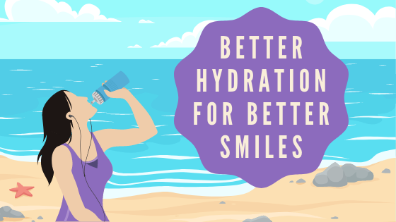Better Hydration for Better Smiles and animated woman drinking from a water bottle on the beach